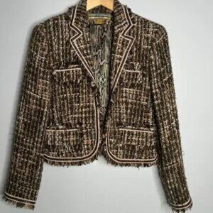 Allen By Allen Schwartz Women's Tweed Brown + Gold Fringe Trim Blazer Size 8